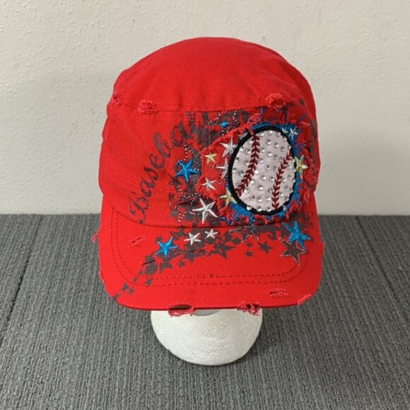 Baseball Cadet Hat Womens OS Red Distressed Embroidered Rhinestone Leader Loga - Picture 3 of 14